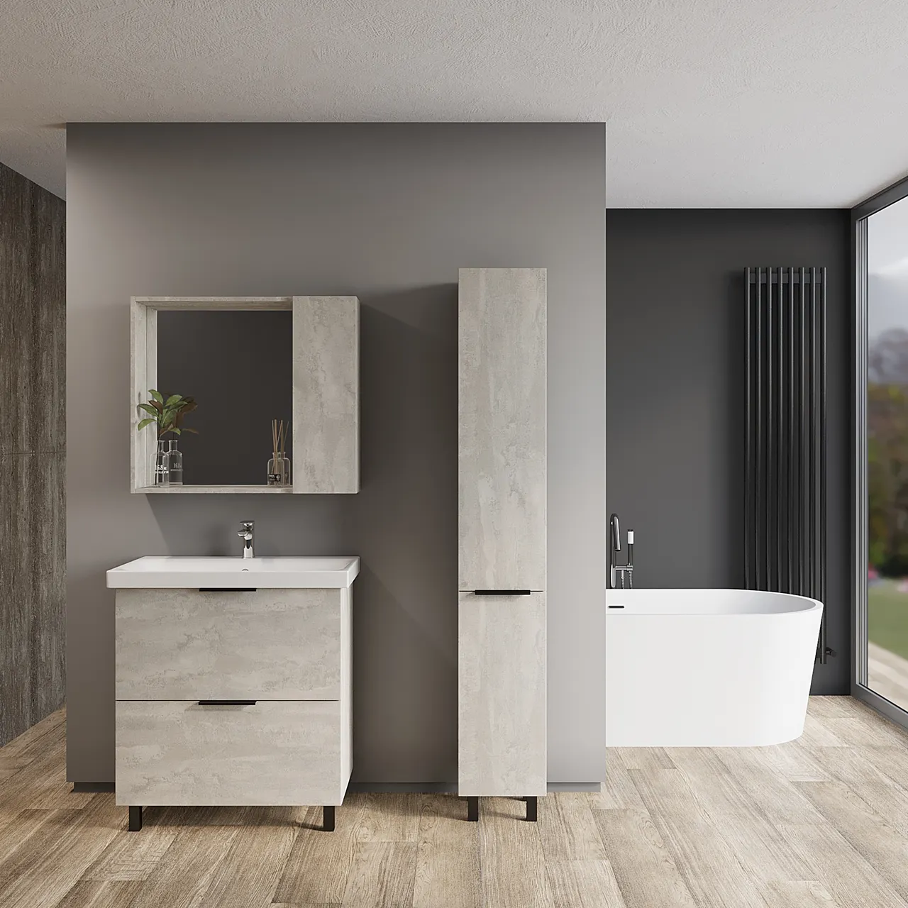 Зеркало со шкафом VIANT БЕРЛИН 60 подвесное цемент (VBER60C-ZSH) — фото 4, Зеркальные шкафы в ванную