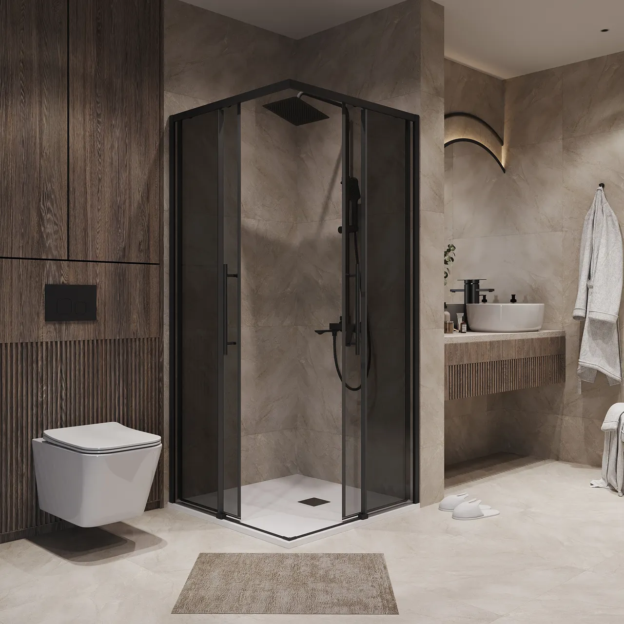 Душевое ограждение Niagara Nova NG-2829-34BLACK (90х90х195) квадрат,черный матовый,двери раздвижные,стекло тонированное,1 место — фото 3, Душевые уголки
