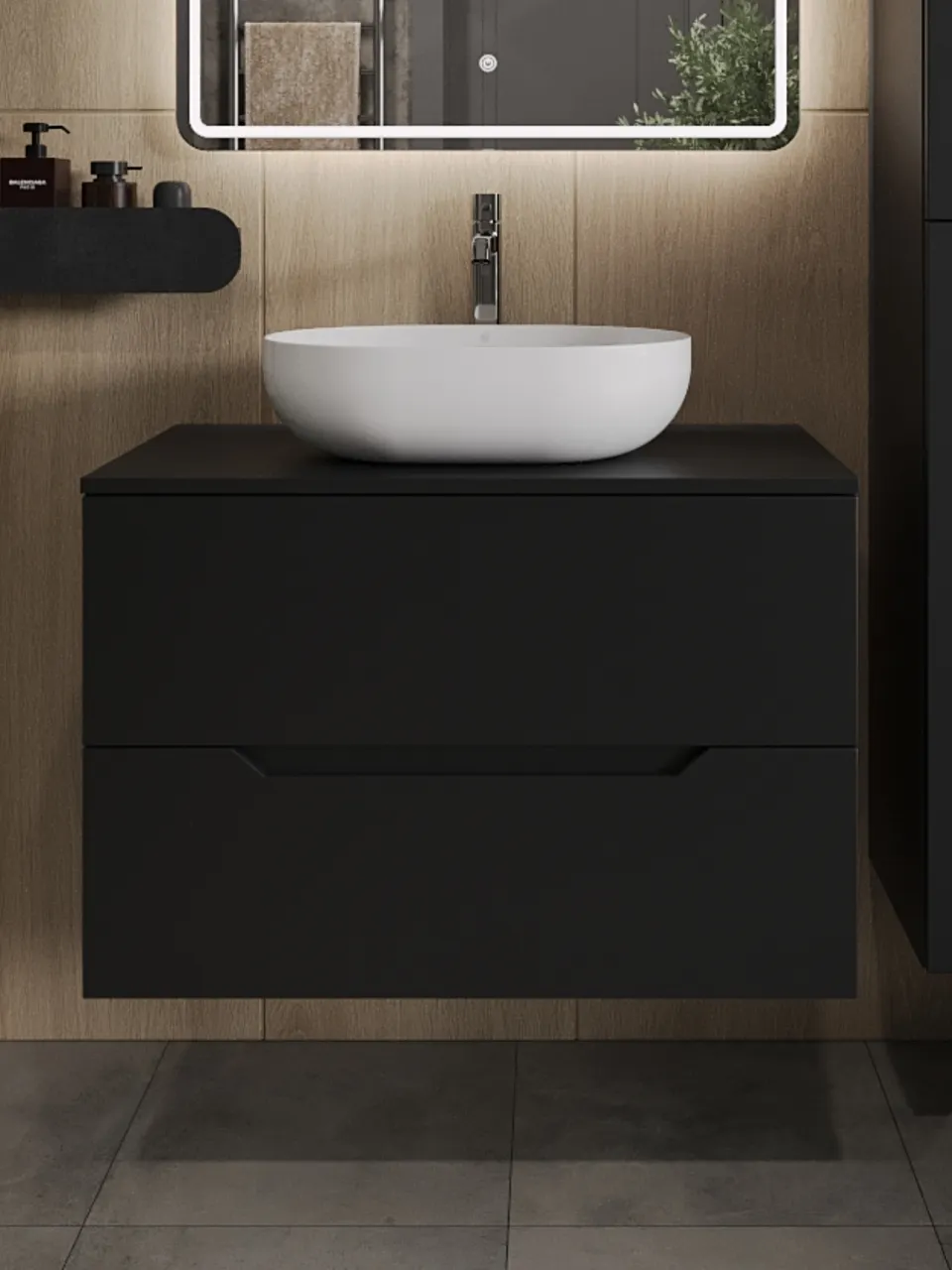 Товар: Orange Line Li-80TubMDF+B05-480W тумба с раковиной подвесная 80 см, черный/белый Li-80TubMDF+B05-480W - фото 3 Orange Line Li-80TubMDF+B05-480W тумба с раковиной подвесная 80 см, черный/белый Li-80TubMDF+B05-480W — фото 3, Тумбы с раковиной