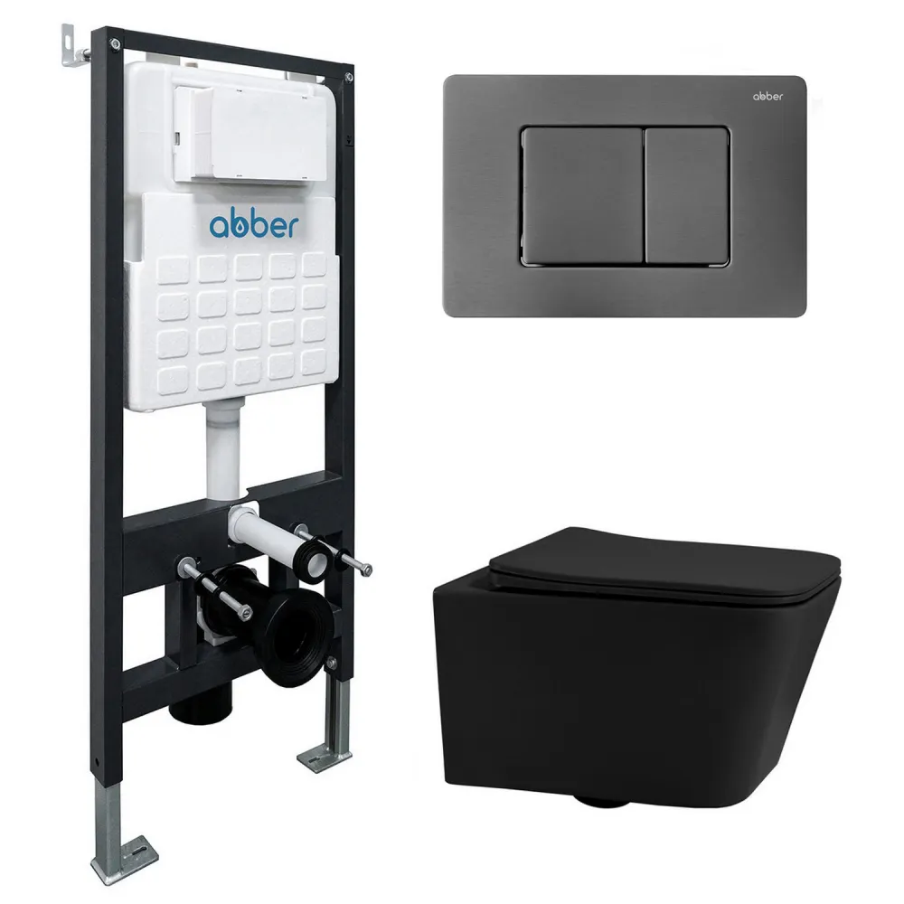 Комплект подвесной унитаз ABBER Rechteck AC1201MB черный матовый с инсталляцией AC0105 и кнопкой AC0120NG никель AC1201MB-AC0105-AC0120NG — фото 1, Комплекты унитаз + инсталляция