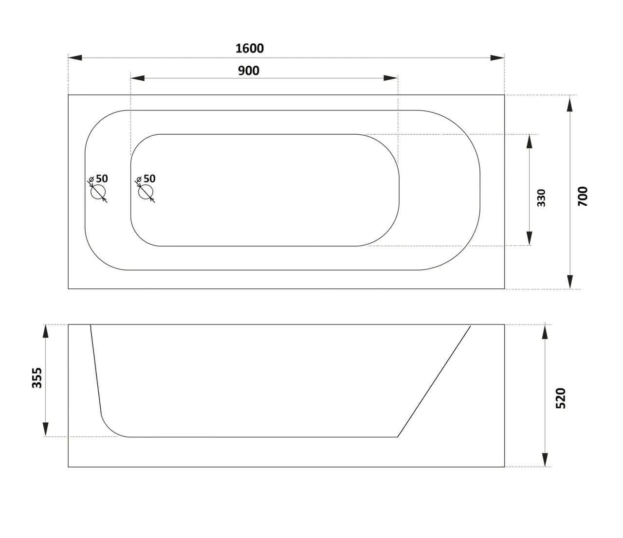 Ванна акриловая с каркасом БЕЗ экрана ORTIZ (1600x750x580) приставная, белая PARLY CT10818 — фото 6, Акриловые ванны