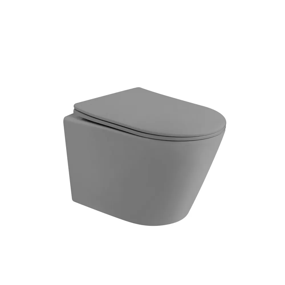 Товар: Унитаз ABBER Bequem AC1102TMG подвесной серый матовый, безободковый, смыв торнадо - фото 1 Унитаз ABBER Bequem AC1102TMG подвесной серый матовый, безободковый, смыв торнадо — фото 1, Подвесные унитазы