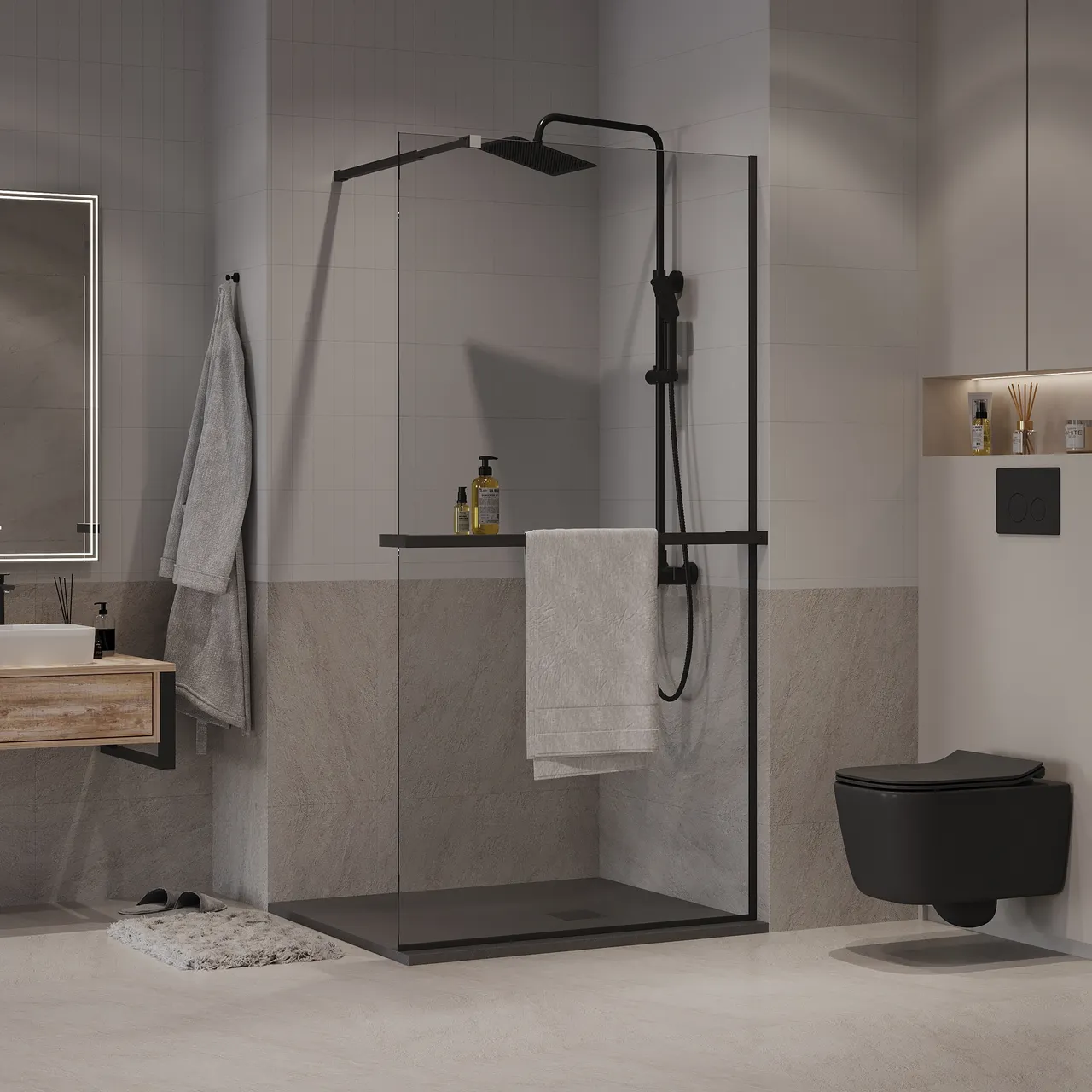 Душевая перегородка Niagara Nova NG-670-12ВLACK (120х195) черный матовый,стекло прозрачное,с полкой,1 место — фото 2, Душевые перегородки