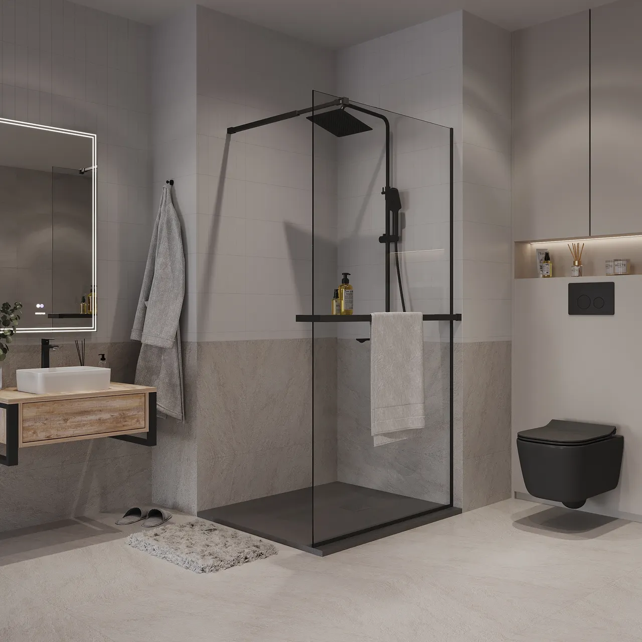 Душевая перегородка Niagara Nova NG-670-12ВLACK (120х195) черный матовый,стекло прозрачное,с полкой,1 место — фото 4, Душевые перегородки