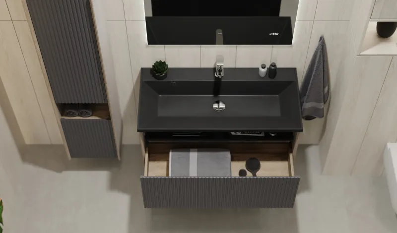 Toss.01.90/P/DS-A/JR Тумба Tossony 90 подвесная Дуб Самдал/Антрацит антрацит JORNO — фото 1, Тумбы под раковину