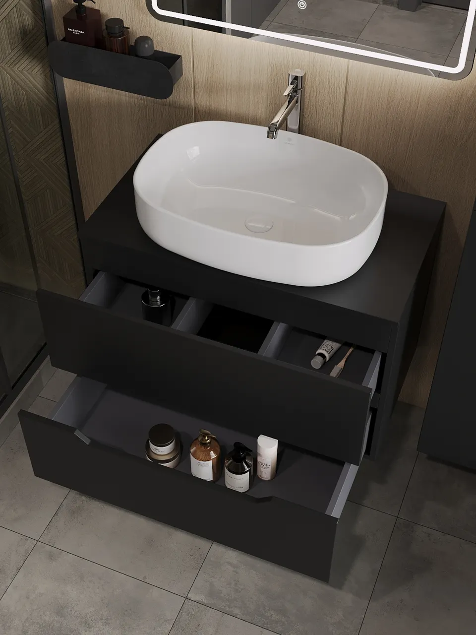 Товар: Orange Line Li-80TubMDF+B08-600W тумба с раковиной подвесная 80 см, черный/белый Li-80TubMDF+B08-600W - фото 4 Orange Line Li-80TubMDF+B08-600W тумба с раковиной подвесная 80 см, черный/белый Li-80TubMDF+B08-600W — фото 4, Тумбы с раковиной