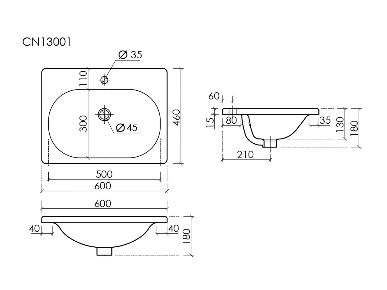 Раковина накладная CERAMICANOVA Sabo с отверстием под смеситель 600x460x130 белый — фото 4, Раковины накладные