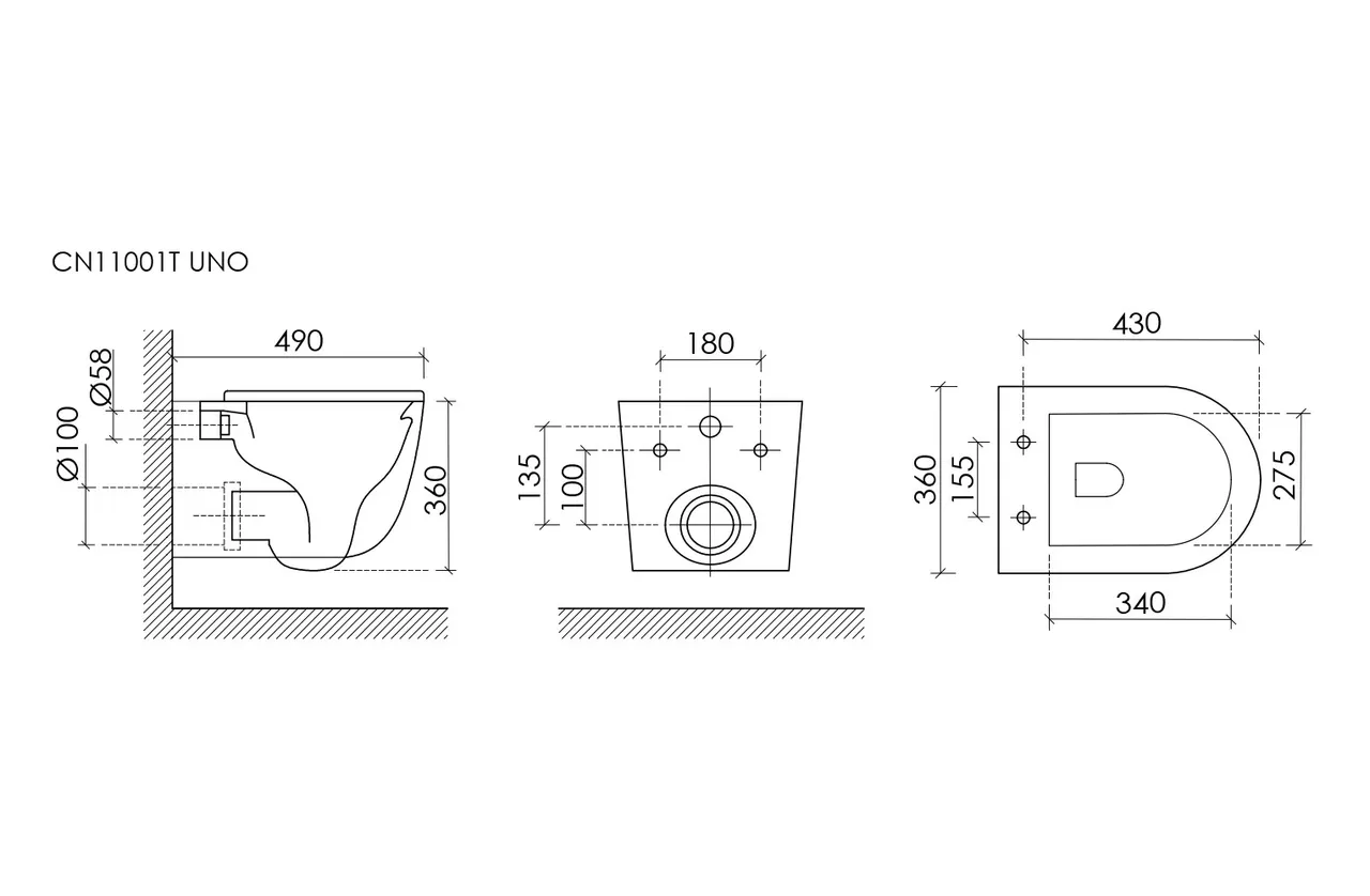 Подвесной унитаз CERAMICANOVA Uno смыв Торнадо 490x360x360 белый — фото 15, Подвесные унитазы