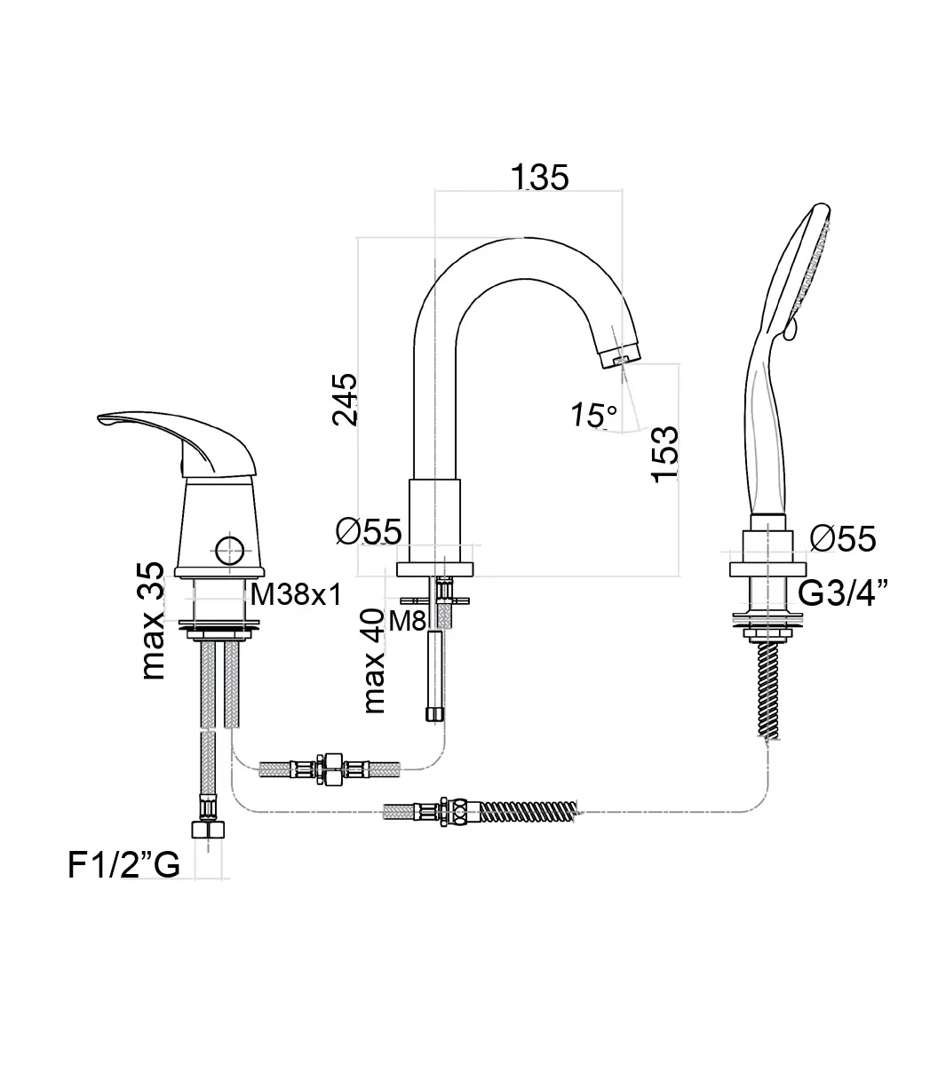 Смеситель на борт ванны Fiore NEXUS 43CR1455, хром — фото 2, Смесители на борт ванны