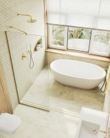 Душевая перегородка Maybah Glass MGD-677-3у 1090x1950 в узком профиле Золото стекло прозрачное — фото 5, Душевые перегородки