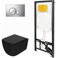 Комплект унитаза с инсталляцией Point Меркурий 886914GBOO+PN41831BM Черный матовый с сиденьем Микролифт и клавишей смыва Хром глянцевый — фото 1, Унитазы