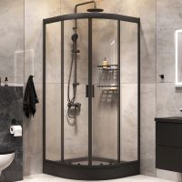 Комплект душевого уголка с душевой системой и аксессуарами AM.PM Gem 90x90 WK90EN профиль Черный матовый стекло прозрачное — фото 2, Душевые уголки четверть круга