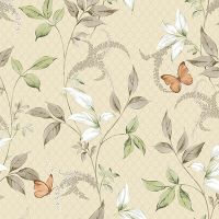 Обои Andrea Rossi Gallinara 54316-3 Винил на флизелине (1,06*10,05) Бежевый/Зеленый/Белый, Бабочки/Листья — фото 1, Обои для стен