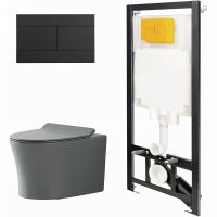 Комплект унитаза с инсталляцией Point Вега 886914SLO3+PN41711GM Серый матовый с сиденьем Микролифт и Черной матовой клавишей смыва — фото 1, Унитазы