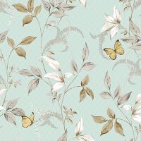 Обои Andrea Rossi Gallinara 54316-4 Винил на флизелине (1,06*10,05) Голубой/Зеленый/Белый, Бабочки/Листья — фото 1, Обои для стен