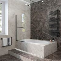 Шторка на ванну Veconi Palau 90 PL79B-90-01-C4 профиль Черный матовый стекло прозрачное — фото 1, Шторки для ванной распашные