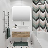 Тумба под раковину Runo Вудлайн 85 00-00001344 подвесная Белая Крафтовый дуб — фото 3, Тумбы под раковину