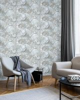 Обои Solo Liberty E202503 Винил на флизелине (1,06*10) Бежевый/Голубой/Серый, Листья/Геометрия — фото 3, Обои для стен