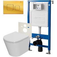 Комплект унитаза с инсталляцией Point Виктория PN48076G с сиденьем Микролифт и клавишей смыва Золото — фото 1, Унитазы