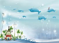 Фреска детская Ortograf Для малышей 30889 Фактура флок FLK Флизелин (3,7*2,7) Голубой, Домики/Рыбы — фото 2, Фрески