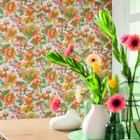 Обои Caselio Flower Power 101877023 Винил на флизелине (0,53*10,05) Зеленый/Оранжевый, Цветы — фото 2, Обои для стен