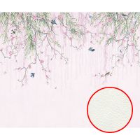 Фреска Ortograf Chinoiserie 33935 Фактура флок FLK Флизелин (4*2,7) Белый/Розовый/Зеленый, Цветы/Птицы — фото 1, Фрески