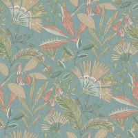 Обои Grandeco Ciara A 63802 Винил на флизелине (0,53*10,05) Бирюзовый/Разноцветный, Листья/Цветы — фото 1, Обои для стен