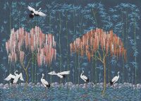 Фреска Ortograf Chinoiserie 33959 Фактура бархат FX Флизелин (4,2*3) Синий/Розовый, Деревья/Листья/Птицы — фото 2, Фрески