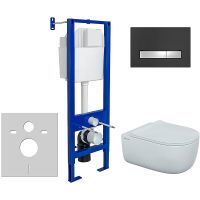 Комплект унитаза Berges Ego XL Rimless с инсталляцией Atom Line 043370 с сиденьем Микролифт и Черной SoftTouch Хром глянцевый клавишей смыва — фото 1, Комплекты унитаз + инсталляция