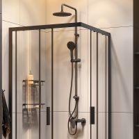 Комплект душевого уголка с душевой системой и аксессуарами AM.PM Gem S 90x90 WK93EP профиль Черный матовый стекло прозрачное — фото 4, Душевые уголки