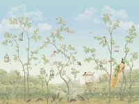 Фреска Ortograf Chinoiserie 33955 Фактура флок FLK Флизелин (4*3) Голубой/Зеленый, Деревья/Птицы — фото 2, Фрески