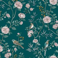 Обои Andrea Rossi Cheradi 54396-7 Винил на флизелине (1,06*10,05) Бирюзовый, Птицы/Цветы — фото 1, Обои для стен