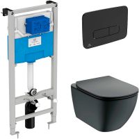 Комплект унитаза с инсталляцией Ideal Standard Tesi Aqua Blade T3868V3/123A6 с сиденьем Микролифт и Черной матовой клавишей смыва — фото 1, Комплекты унитаз + инсталляция
