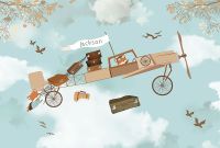 Фреска детская Ortograf Для малышей 30123 Фактура флок FLK Флизелин (4*2,7) Бирюзовый/Бежевый, Самолеты/Животные — фото 2, Фрески