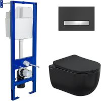 Комплект унитаза Berges Ventas Black с инсталляцией Atom Line 043325 Черный с сиденьем Микролифт и Черной Soft touch Хром глянец клавишей смыва — фото 1, Комплекты унитаз + инсталляция