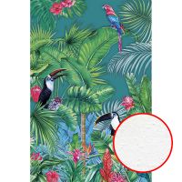 Фреска Ortograf Its Jungle 33671 Фактура бархат FX Флизелин (2*3) Бирюзовый/Разноцветный, Листья/Птицы/Цветы — фото 1, Фрески