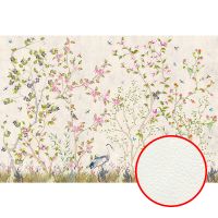 Фреска Ortograf Chinoiserie 33942 Фактура флок FLK Флизелин (4*2,7) Белый/Зеленый/Розовый, Деревья/Цветы/Птицы — фото 1, Фрески
