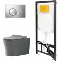 Комплект унитаза с инсталляцией Point Вега 886914GBOO+PN41711GM Серый матовый с сиденьем Микролифт и клавишей смыва Хром глянцевый — фото 1, Унитазы