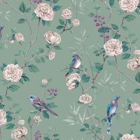 Обои Andrea Rossi Cheradi 54396-6 Винил на флизелине (1,06*10,05) Зеленый, Птицы/Цветы — фото 1, Обои для стен