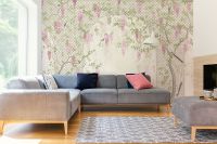 Фреска Ortograf Aurora 34116 Фактура бархат FX Флизелин (5,30*2,70) Коричневый/Розовый/Зеленый, Деревья/Цветы/Птицы — фото 3, Фрески