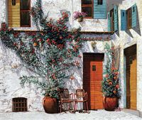 Фреска Ortograf Городской пейзаж живопись 11563 Фактура флок FLK Флизелин (3,2*2,7) Белый/Зеленый/Оранжевый, Город/Цветы/Живопись — фото 2, Фрески