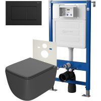 Комплект унитаза Point Меркурий PN41831GM с инсталляцией Элемент PN45120+PN44081BM Графит матовый с сиденьем Микролифт и Черной матовой клавишей смыва — фото 1, Унитазы
