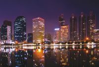 Фреска Ortograf Небоскребы 0998 Фактура бархат FX Флизелин (4*2,7) Фиолетовый/Черный/Оранжевый, Город арт-0998 (бархат FX) — фото 2, Фрески