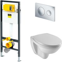Комплект унитаза Jacob Delafon Patio EDV102-00+E70021-00 с инсталляцией Viega Prevista Dry 792855 с сиденьем Микролифт и клавишей смыва Хром — фото 1, Комплекты унитаз + инсталляция