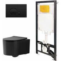 Комплект унитаза с инсталляцией Point Веста 886914GBO3+PN41701BM Черный матовый с сиденьем Микролифт и Черной матовой клавишей смыва — фото 1, Унитазы