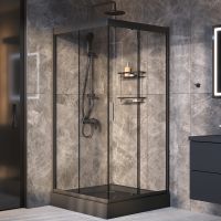 Комплект душевого уголка с душевой системой и аксессуарами AM.PM Gem 90x90 WK90EO профиль Черный матовый стекло прозрачное — фото 1, Душевые уголки