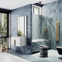 Шторка на ванну Maybah Glass MGV-143-3у 640x1400 в узком профиле Золото стекло сатиновое — фото 2, Неподвижные шторки для ванной