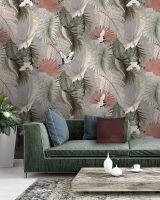 Обои Prima Italiana Volare 80474 Винил на флизелине (1,06*10) Серый/Зеленый/Розовый, Птицы/Листья — фото 2, Обои для стен