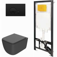 Комплект унитаза с инсталляцией Point Меркурий 886914GBO3+PN41831GM Графит матовый с сиденьем Микролифт и Черной матовой клавишей смыва — фото 1, Унитазы