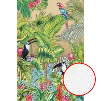 Фреска Ortograf Its Jungle 33672 Фактура бархат FX Флизелин (2*3) Бежевый/Разноцветный, Листья/Птицы/Цветы — фото 1, Фрески